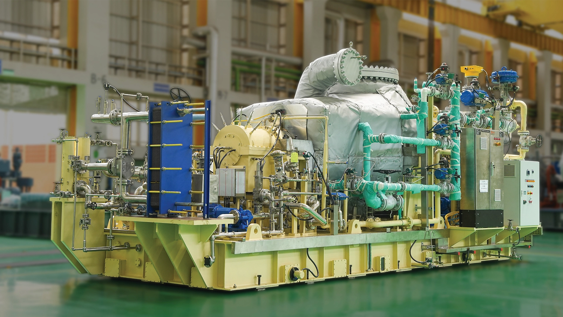 Packaged steam turbine generator set on the Triveni Turbine assembly floor