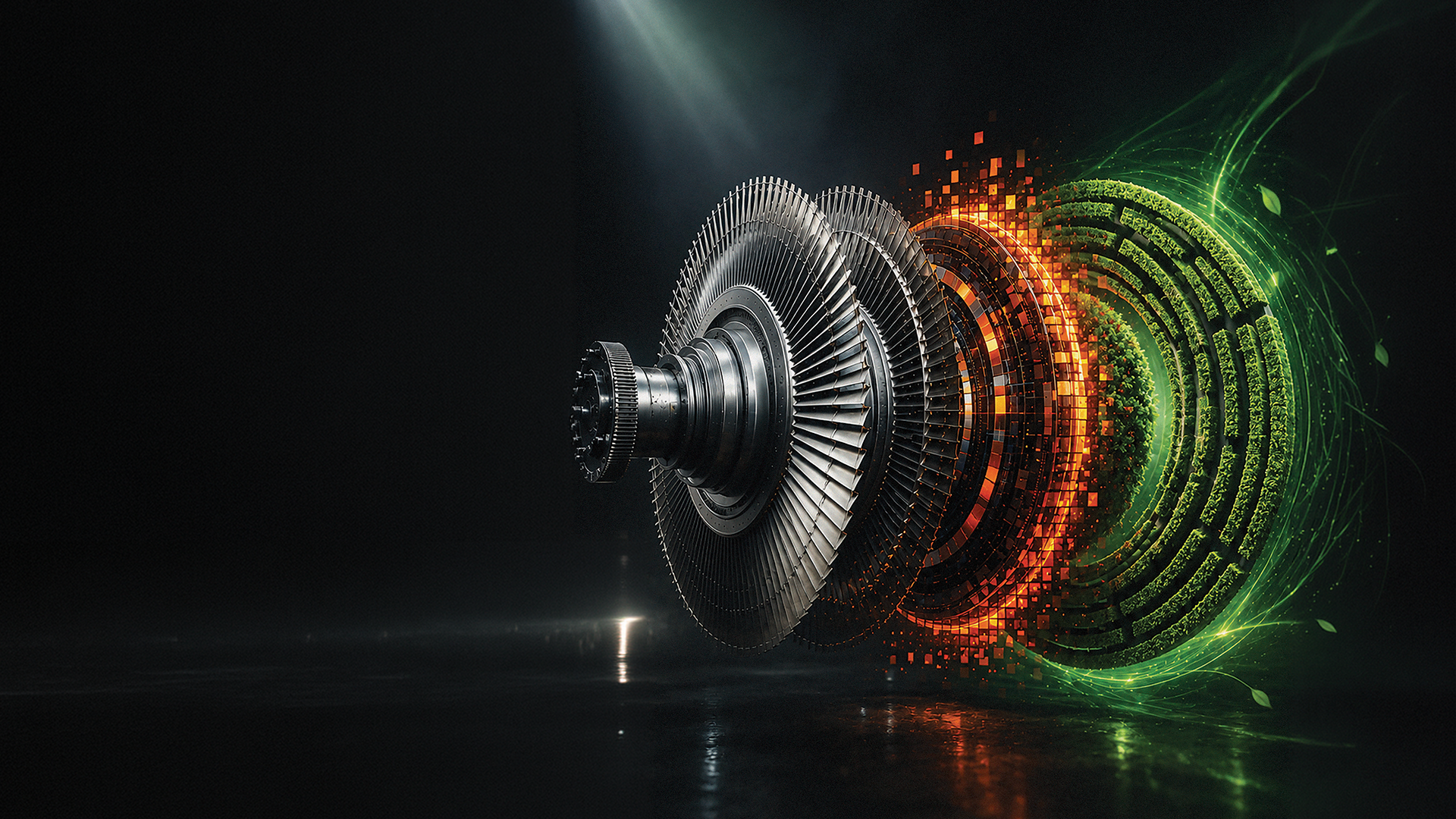 Steam turbine rotor turning into a spray of orange pixels and green foliage