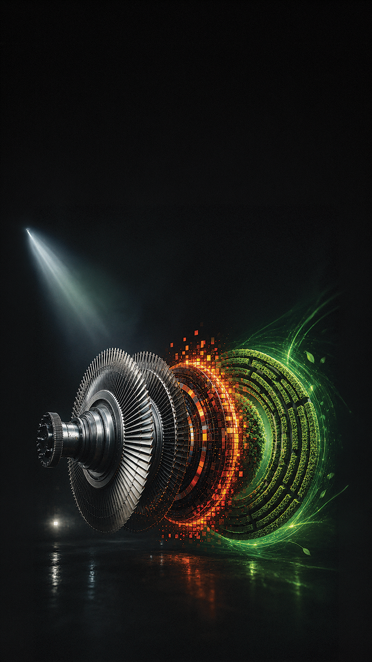 Steam turbine rotor turning into a spray of orange pixels and green foliage